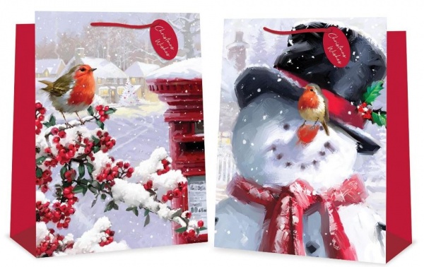 LARGESNOWROBINBAG2412 - Snowman & Robin LARGE Gift Bag